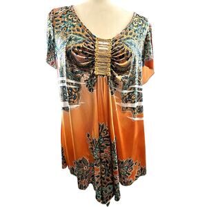 OneWorld size 1X top blouse Orange print live & let live sequins bat wings long